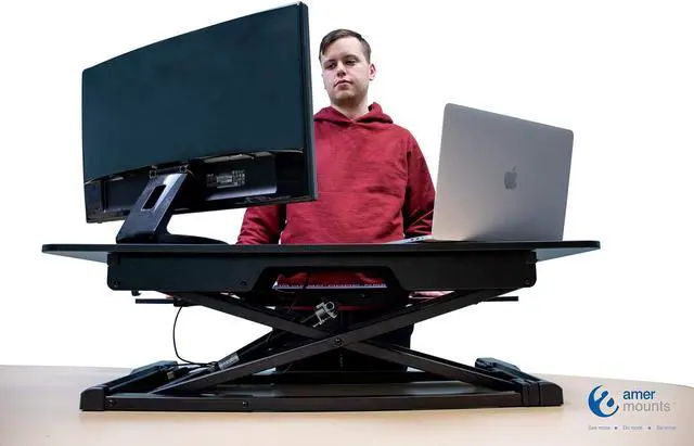 Alt view image 2 of 7 - EZRiser36 Height Adjustable Sit/Stand Desk Computer Riser, 36" wide with Keyboard Tray - Black Finish