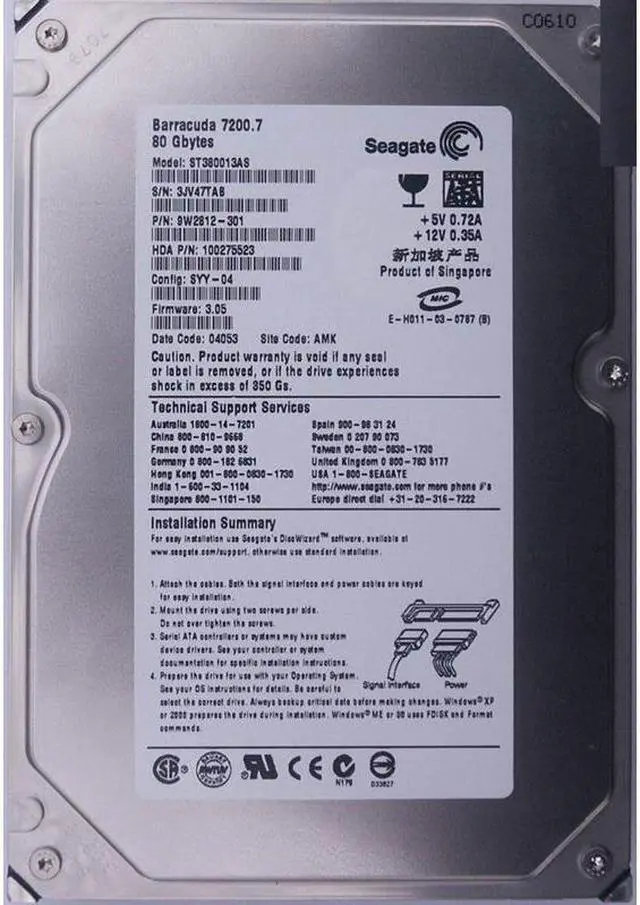 Alt view image 2 of 3 - Seagate Barracuda 7200.7 ST380013AS 80GB 7200 RPM 8MB Cache SATA 1.5Gb/s 3.5" Hard Drive Bare Drive