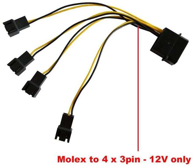 Alt view image 7 of 7 - 12cm Molex 4pin LP4 to Case cooling Fan 3-pin 3 Multi-Fan Out Power Adapter Converter Cable w/ 4x12V output