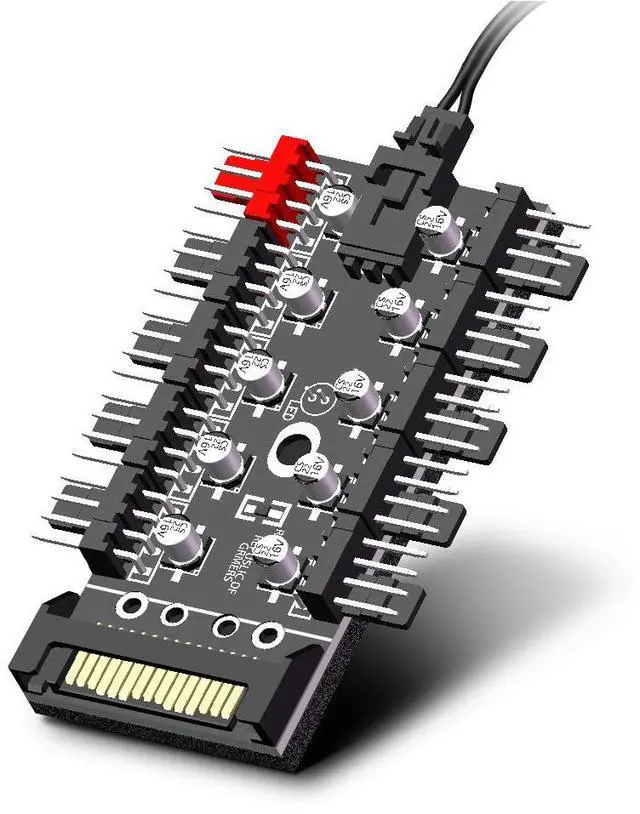 Alt view image 2 of 6 - EnLabs PWMHUB10S 10 Ports 4-Pin PWM Fan Hub, SATA 15pin to 10 Fan Power Splitter Adapter Cable w/ Self-sticker for 3Pin / 4Pin fan