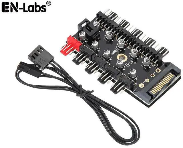 Main image of EnLabs PWMHUB10S 10 Ports 4-Pin PWM Fan Hub, SATA 15pin to 10 Fan Power Splitter Adapter Cable w/ Self-sticker for 3Pin / 4Pin fan