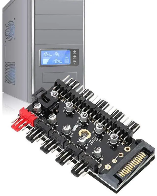 Alt view image 6 of 6 - EnLabs PWMHUB10S 10 Ports 4-Pin PWM Fan Hub, SATA 15pin to 10 Fan Power Splitter Adapter Cable w/ Self-sticker for 3Pin / 4Pin fan