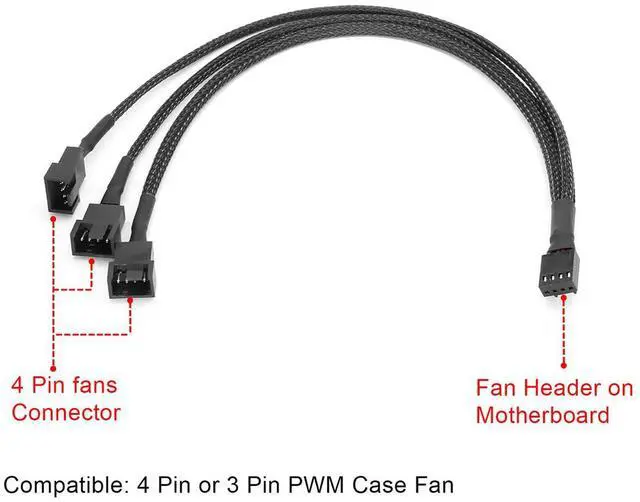 Alt view image 6 of 6 - Black Net Jacket Sleeved 10 inch PWM 4pin 1 to 3 4-pins Fan Splitter Hub Power Fan-out Adapter Cable,Motherboard PMW 4-pin header 1x3 Fan-Out Power Cable - 10"