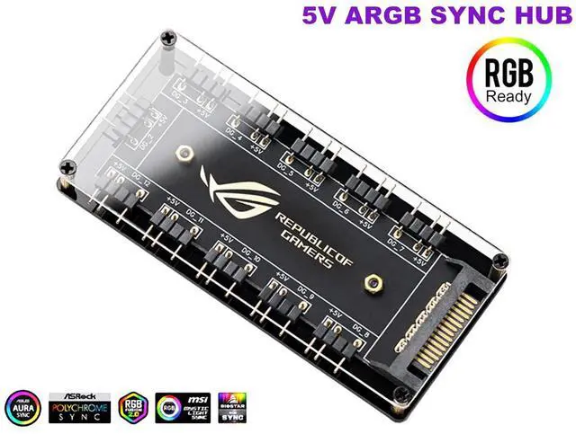 Alt view image 4 of 7 - EnLabs AURA SYNC 5V 3-pin RGB 10 Hub Splitter w/ PMMA Case, SATA Power 3pin ARGB Adapter Extension Cable for 3Pin Addressable RGB LED Strip Lighting,Fans & Cooler- 1.64ft Extension Cable Included