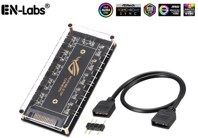 Main image of EnLabs AURA SYNC 5V 3-pin RGB 10 Hub Splitter w/ PMMA Case, SATA Power 3pin ARGB Adapter Extension Cable for 3Pin Addressable RGB LED Strip Lighting,Fans & Cooler- 1.64ft Extension Cable Included