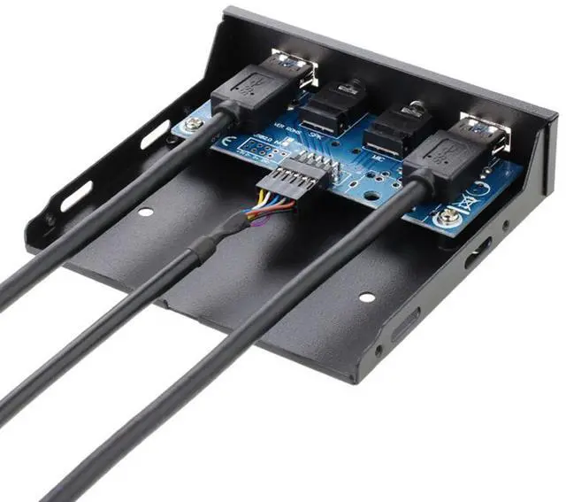 Alt view image 2 of 5 - 3.5" Internal Floppy Bay Front Panel Motherboard Mainboard USB 3.0 20Pin Header to 2 Port USB 3.0 Female Hub Adapter Bracket w/ HD Audio Mic Connector