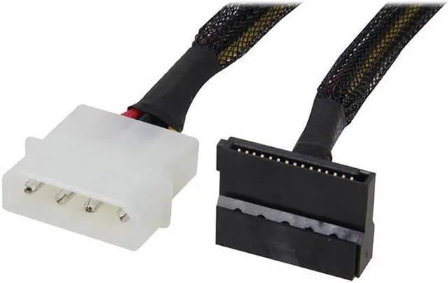 Main image of 12 inch Molex 4-pin Male to 2 x SATA Power 15-pin 90-Degree Splitter Cable w/Black Net Sleeved Jacket