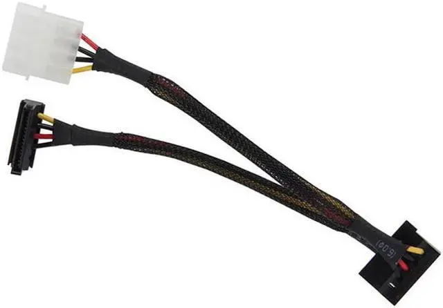 Alt view image 2 of 2 - 12 inch Molex 4-pin Male to 2 x SATA Power 15-pin 90-Degree Splitter Cable w/Black Net Sleeved Jacket