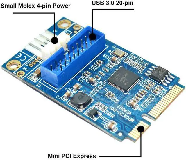 Alt view image 4 of 6 - Motherboard Mini PCI Express to Dual USB 3.0 20-pin Expansion Card Adapter,Mini PCIe PCI-e to 2 ports USB w/ Molex 4-pin Power
