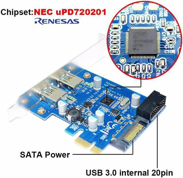 Alt view image 5 of 5 - 4 Port PCIE PCI-e to USB 3.0 (2 x Type A+ 20 Pin Internal) Expansion Card Hub Controller PCI Express Card Adapter w/ SATA Power