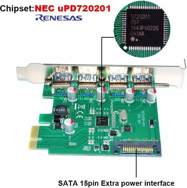 Alt view image 3 of 3 - 4 Port PCIE PCI-e to USB 3.0 Expansion Card - USB 3.0 Hub Controller PCI Express Card Adapter w/ Extra SATA 15 pin Power