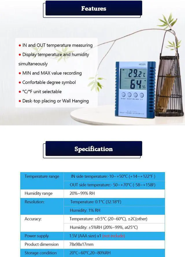Alt view image 4 of 5 - OUTEST HC520 Digital Indoor/Outdoor Thermometer Hygrometer Temperature Humidity Meter LCD Weather Station With Sensor