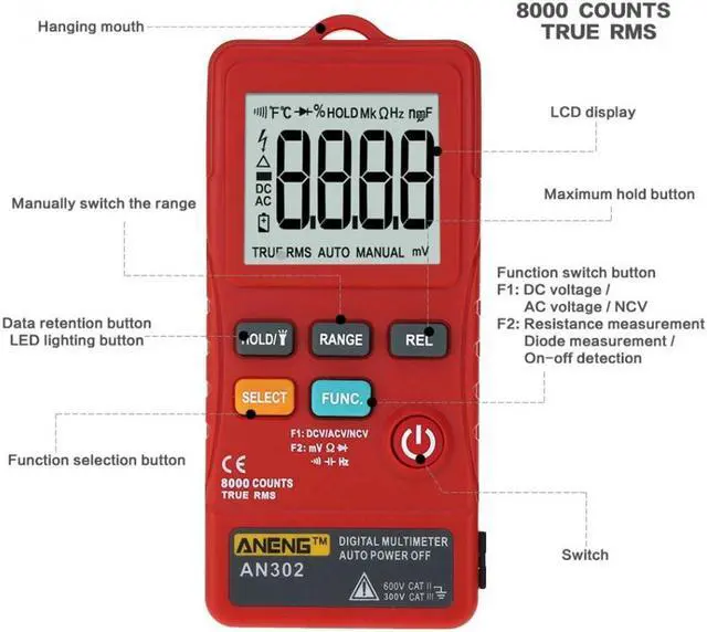 Alt view image 3 of 6 - ANENG AN302 Digital Multimeter Voltmeter 8000 Counts Ture RMS AC DC Voltage Resistance Meter - Red
