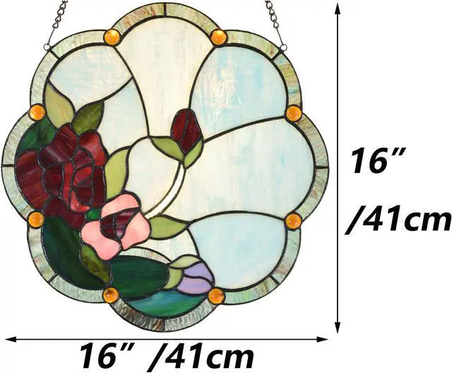 Alt view image 4 of 6 - Bieye W10058 Rose Flower Tiffany Style Stained Glass Window Panel with Chain, 16-inch Wide