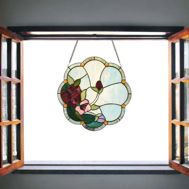 Alt view image 2 of 6 - Bieye W10058 Rose Flower Tiffany Style Stained Glass Window Panel with Chain, 16-inch Wide
