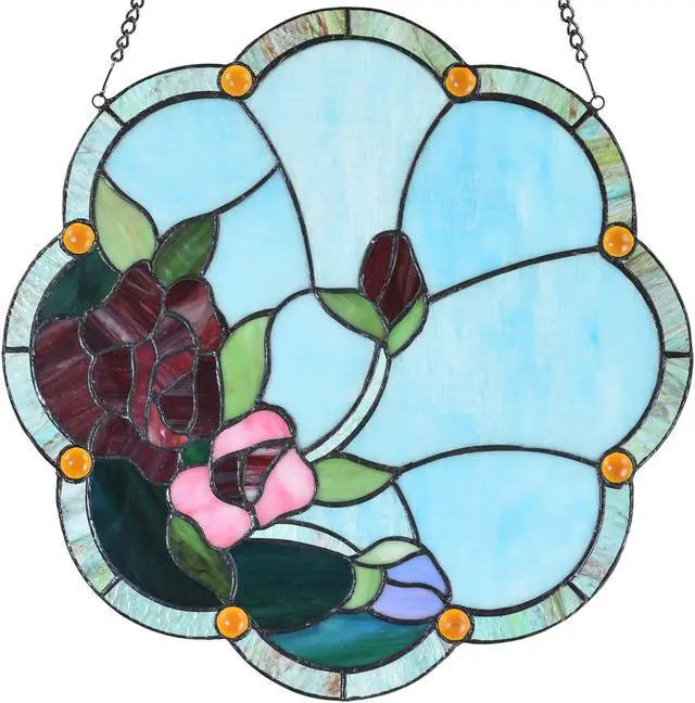 Alt view image 6 of 6 - Bieye W10058 Rose Flower Tiffany Style Stained Glass Window Panel with Chain, 16-inch Wide