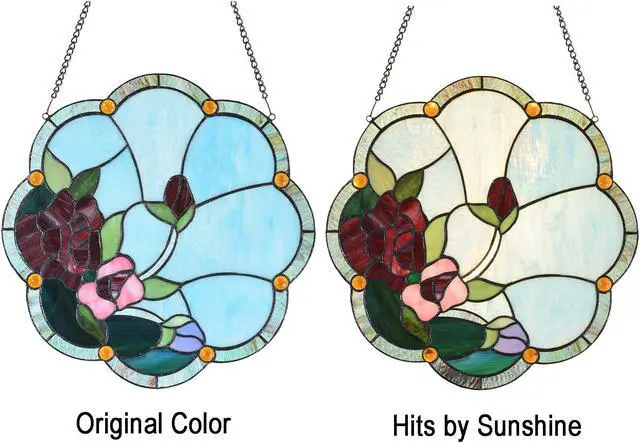 Alt view image 5 of 6 - Bieye W10058 Rose Flower Tiffany Style Stained Glass Window Panel with Chain, 16-inch Wide
