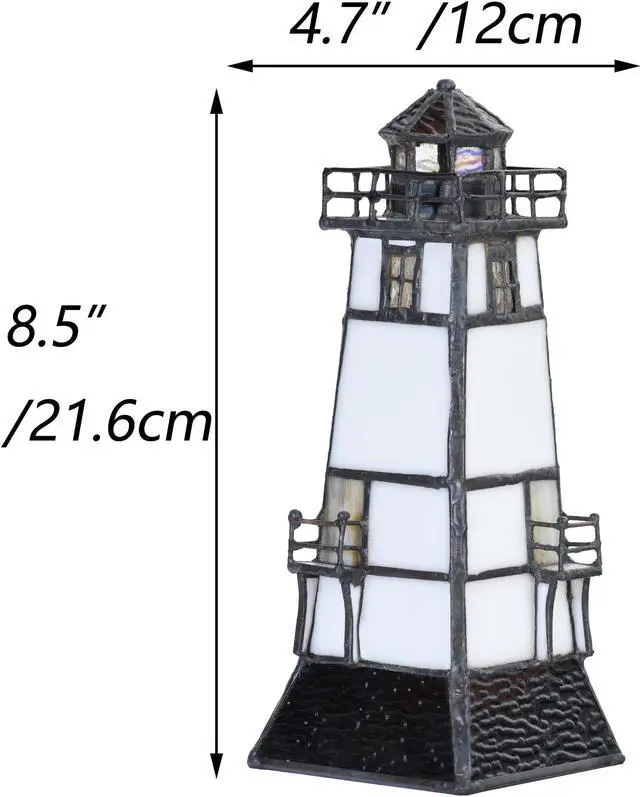 Alt view image 3 of 4 - Bieye L10727 Lighthouse Tiffany Style Stained Glass Table Lamp Night Light with Lookout Platform, 2-Lights, 8.5-inch Tall