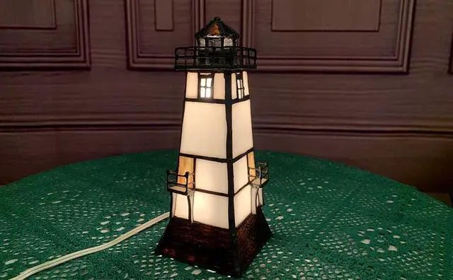 Alt view image 2 of 4 - Bieye L10727 Lighthouse Tiffany Style Stained Glass Table Lamp Night Light with Lookout Platform, 2-Lights, 8.5-inch Tall