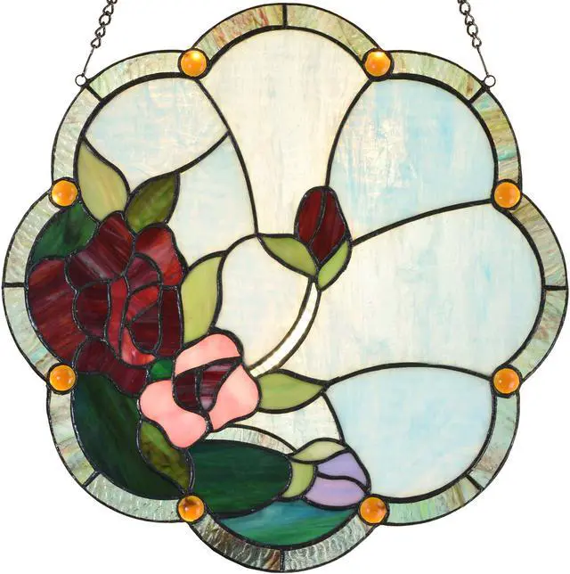 Main image of Bieye W10058 Rose Flower Tiffany Style Stained Glass Window Panel with Chain, 16-inch Wide