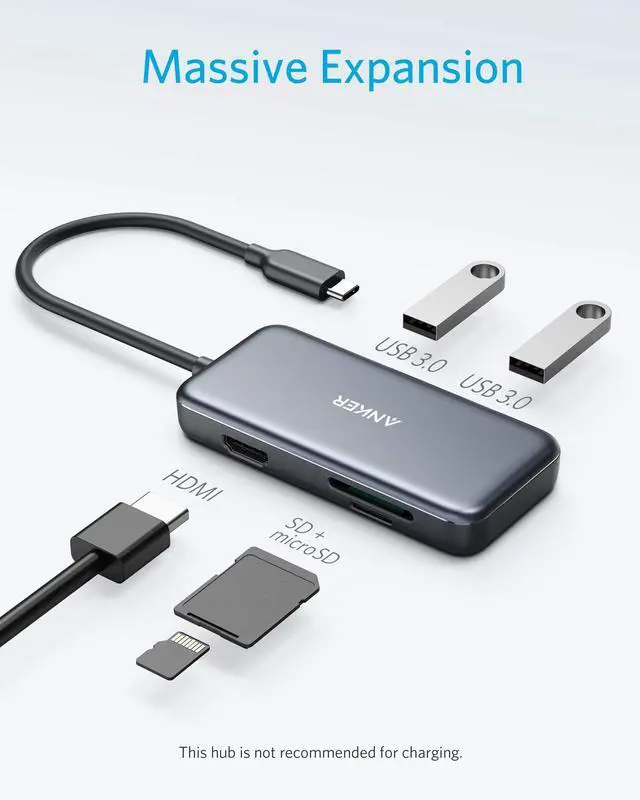 Alt view image 2 of 13 - Anker USB C Hub Adapter, 5-in-1 USB C Adapter, with 4K USB C to HDMI , SD and microSD Card Reader, 2 USB 3.0 Ports, for MacBook Pro 2019/2018/2017, iPad Pro 2019/2018, Pixelbook, XPS, and More