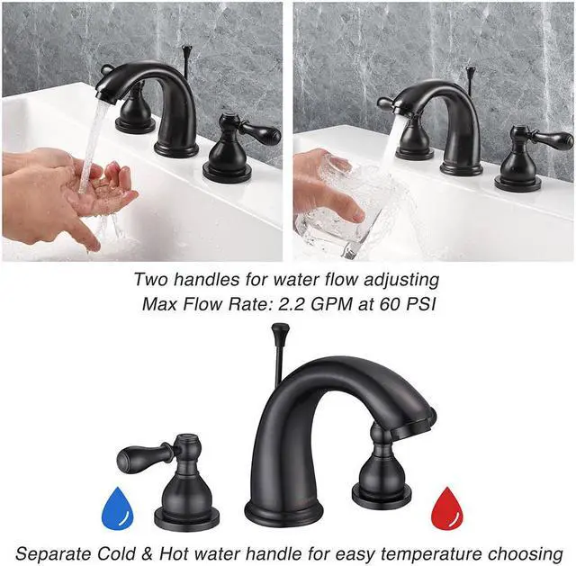 Alt view image 3 of 7 - Aquaterior® 3 Hole Bathroom Sink Faucet Double Handle Widespread Mixer Taps with Drain ORB