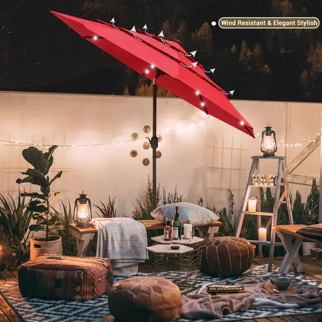 Alt view image 2 of 7 - Yescom 9 Ft 3 Tier Patio Umbrella with Solar LED Crank Tilt Button Aluminum UV70+ Home