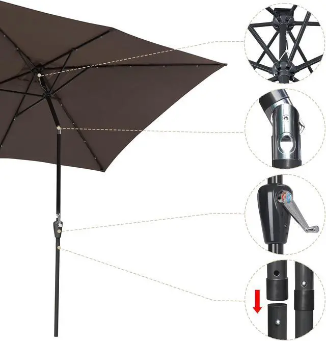 Alt view image 4 of 7 - Yescom 10x6.5FT Rectangle Outdoor Solar LED Patio Umbrella with Crank Tilt for Table Market Yard Deck Pool Party Brown