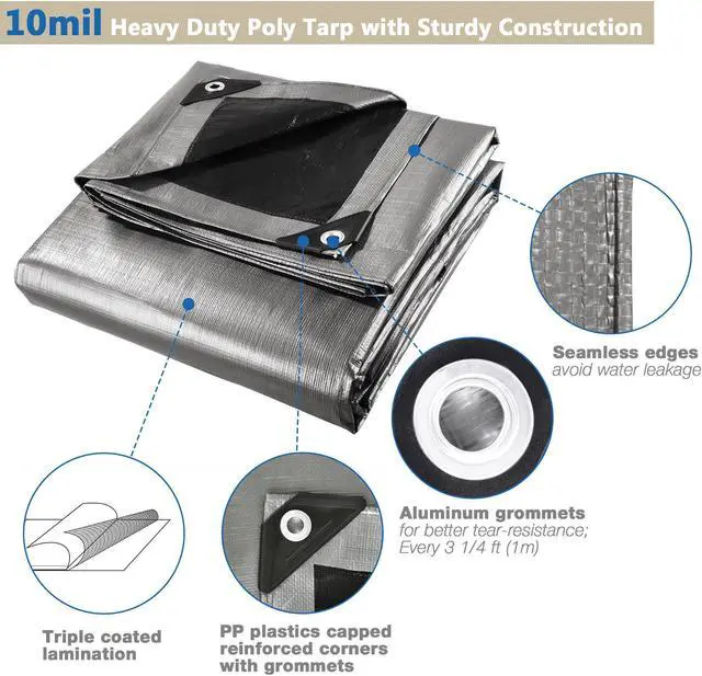 Alt view image 10 of 14 - 10x12ft Heavy Duty Reinforced Poly Tarp 10-mil Multi Purpose Canopy Tent Cover Waterproof Tarpaulin Outdoor