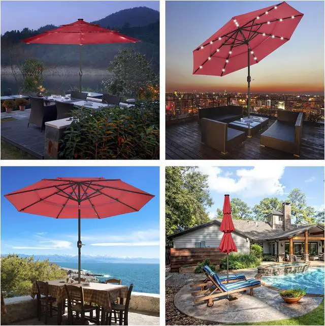 Alt view image 3 of 7 - Yescom 9 Ft 3 Tier Patio Umbrella with Solar LED Crank Tilt Button Aluminum UV70+ Home