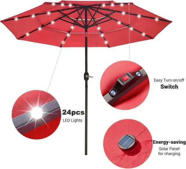 Alt view image 4 of 7 - Yescom 9 Ft 3 Tier Patio Umbrella with Solar LED Crank Tilt Button Aluminum UV70+ Home