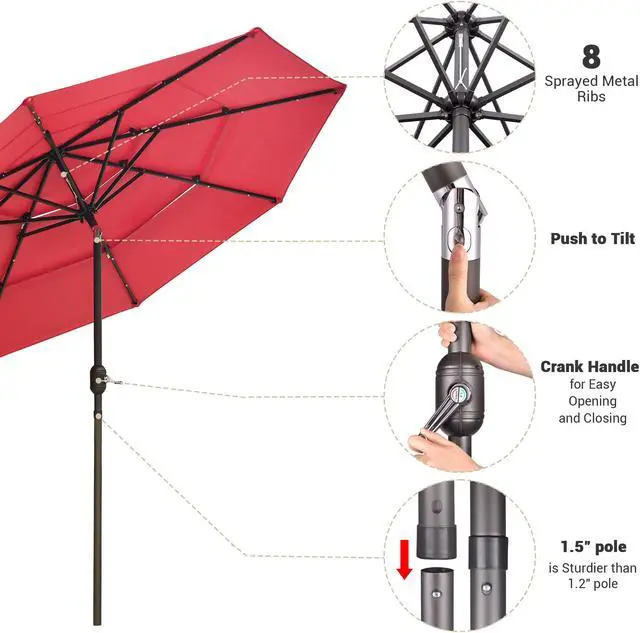 Alt view image 6 of 7 - Yescom 9 Ft 3 Tier Patio Umbrella with Solar LED Crank Tilt Button Aluminum UV70+ Home