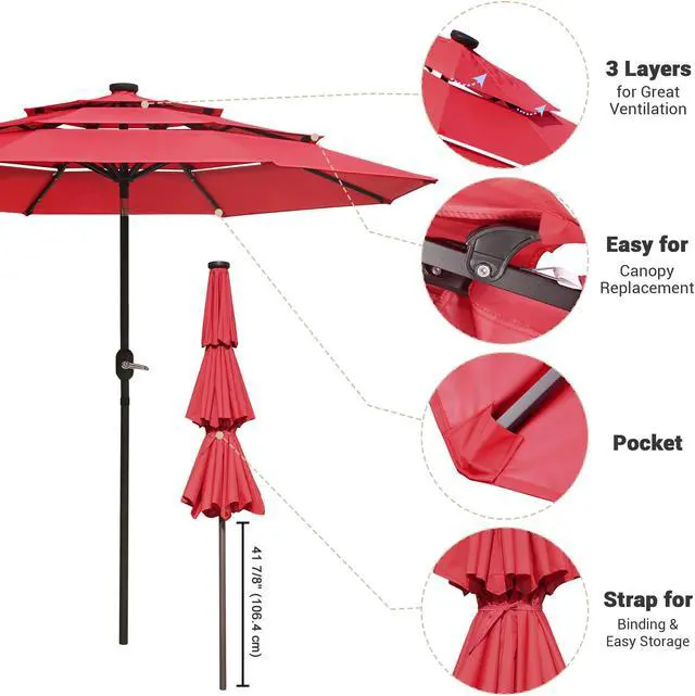 Alt view image 7 of 7 - Yescom 9 Ft 3 Tier Patio Umbrella with Solar LED Crank Tilt Button Aluminum UV70+ Home