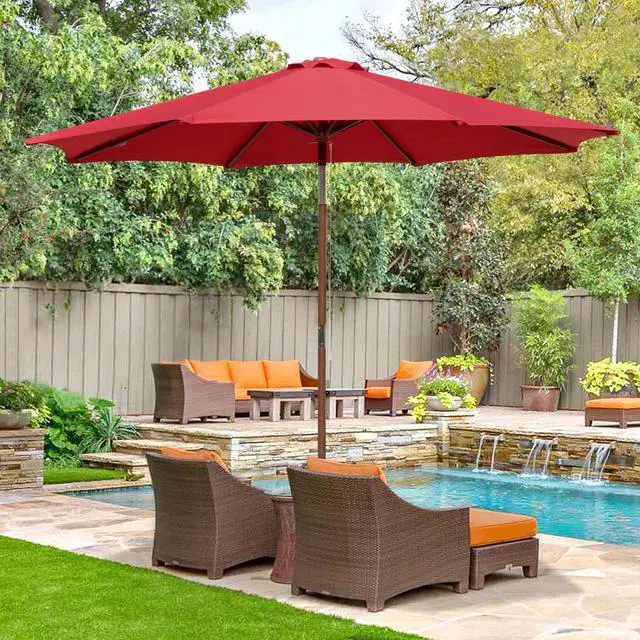 Alt view image 2 of 7 - Yescom 9 Ft Wooden Patio Umbrella 8 Ribs Easy Tilt Table Parasol Outdoor Balcony Deck
