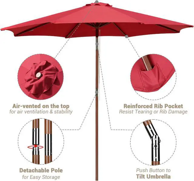 Alt view image 4 of 7 - Yescom 9 Ft Wooden Patio Umbrella 8 Ribs Easy Tilt Table Parasol Outdoor Balcony Deck