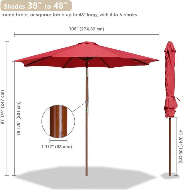 Alt view image 6 of 7 - Yescom 9 Ft Wooden Patio Umbrella 8 Ribs Easy Tilt Table Parasol Outdoor Balcony Deck