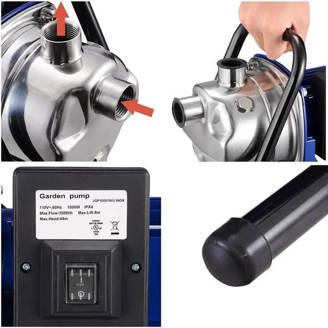 Alt view image 7 of 7 - 1000W Electric Water Booster Pump Stainless Steel Garden Sprinkler Pump Pool