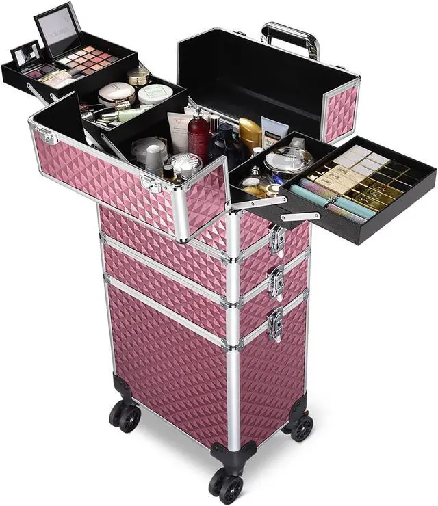 Alt view image 2 of 7 - Byootique Antique Pink Rolling Makeup Case 4in1 Cosmetic Trolley Organizer Lockable