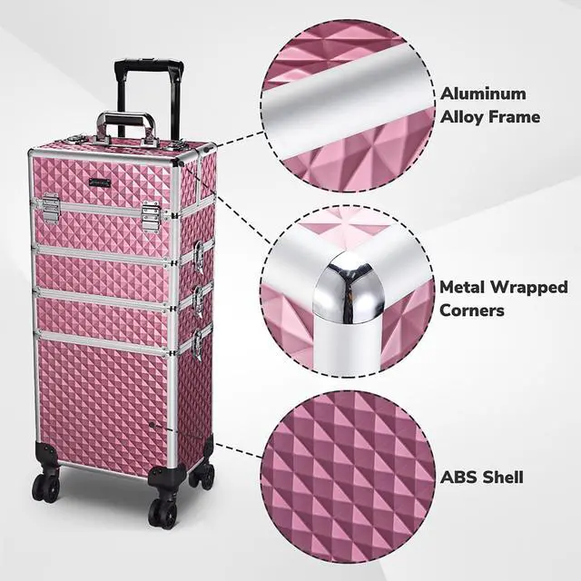 Alt view image 3 of 7 - Byootique Antique Pink Rolling Makeup Case 4in1 Cosmetic Trolley Organizer Lockable