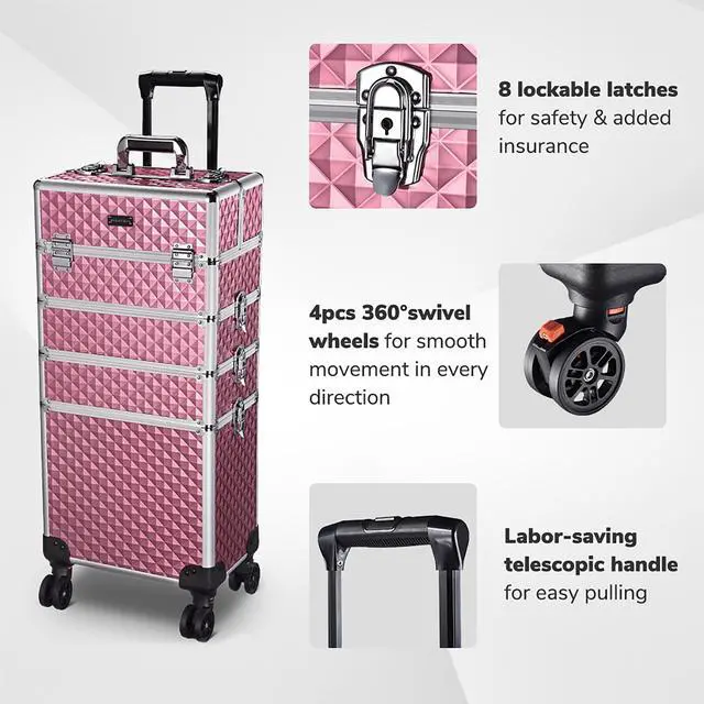 Alt view image 4 of 7 - Byootique Antique Pink Rolling Makeup Case 4in1 Cosmetic Trolley Organizer Lockable