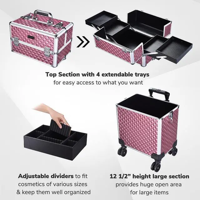 Alt view image 5 of 7 - Byootique Antique Pink Rolling Makeup Case 4in1 Cosmetic Trolley Organizer Lockable