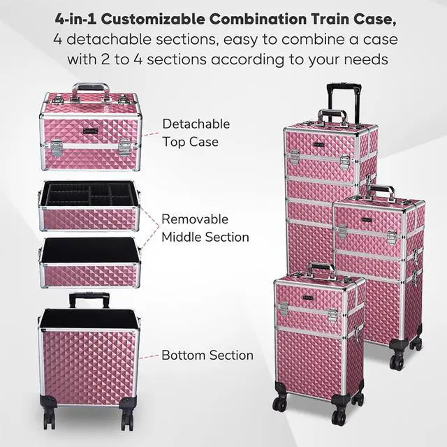 Alt view image 6 of 7 - Byootique Antique Pink Rolling Makeup Case 4in1 Cosmetic Trolley Organizer Lockable