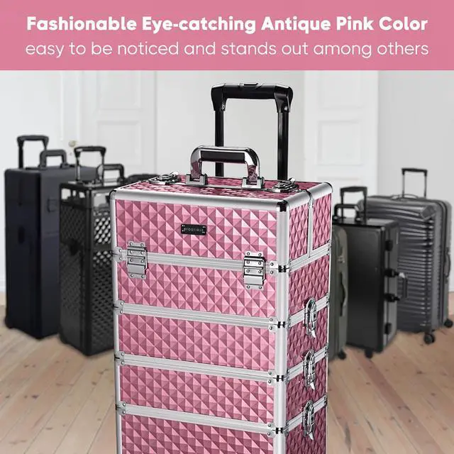 Alt view image 7 of 7 - Byootique Antique Pink Rolling Makeup Case 4in1 Cosmetic Trolley Organizer Lockable