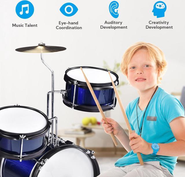 Pyle Kids Drum Set, 3 Piece Beginner Junior Drummer Kit with 13 Bass Drum,  Snare, Tom, Cymbal, Adjustable Throne, Mutes, Drumsticks, Red