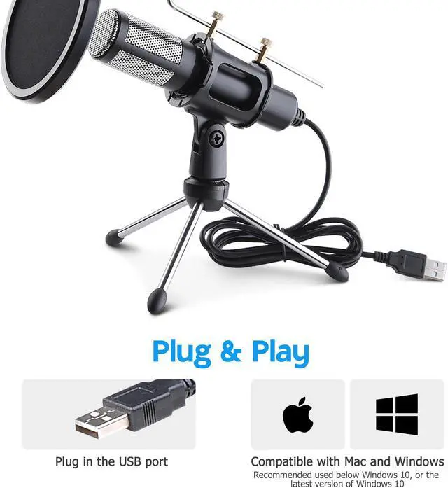 Alt view image 4 of 7 - Condenser USB Microphone w/ Tripod Stand for Game Chat Studio Recording Laptop Computer