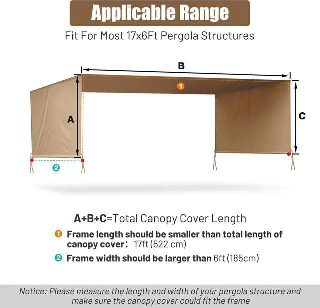 Alt view image 4 of 7 - 17x6.8 Ft  Pergola Canopy Replacement Cover Outdoor Yard Patio Beige 200g UV30+