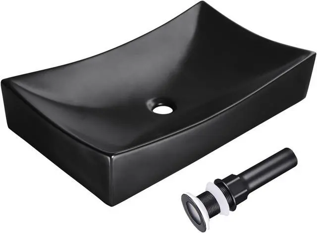 Main image of Aquaterior® 26" Black Rectangle Bathroom Vessel Sink Above Counter Porcelain Ceramic Vanity Sink Basin w/ Drain