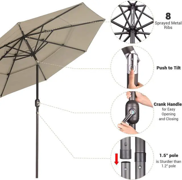 Alt view image 5 of 7 - Yescom 10 Ft 3 Tier Patio Umbrella with Crank Handle Push to Tilt Aluminum Backyard