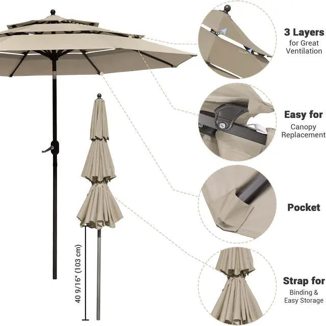 Alt view image 6 of 7 - Yescom 10 Ft 3 Tier Patio Umbrella with Crank Handle Push to Tilt Aluminum Backyard
