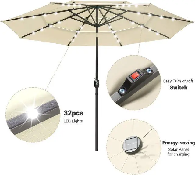 Alt view image 4 of 7 - Yescom 10 Ft 3 Tier Patio Umbrella with Solar LED Crank Tilt Button Outdoor